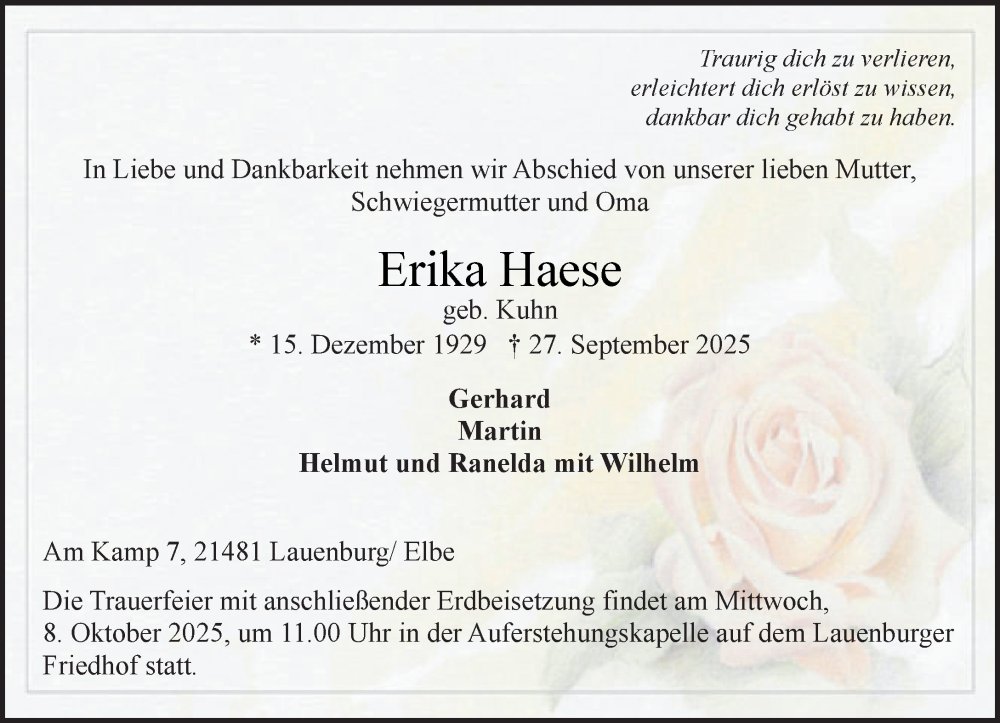  Traueranzeige für Erika Haese vom 04.10.2025 aus Wochenend Anzeiger