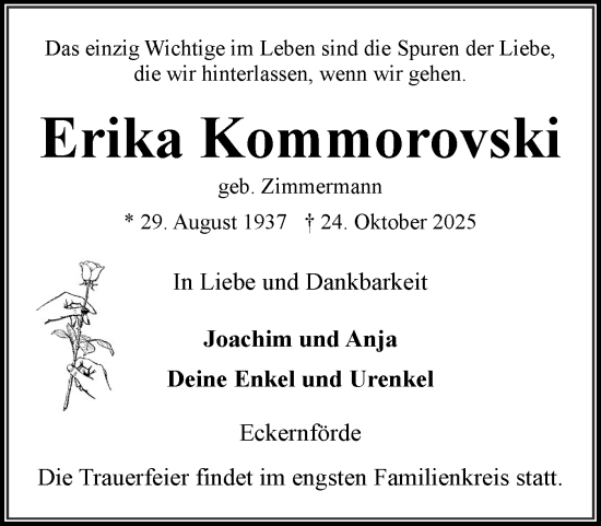 Traueranzeige von Erika Kommorovski von Eckernförder Zeitung, Hallo Eckernförde