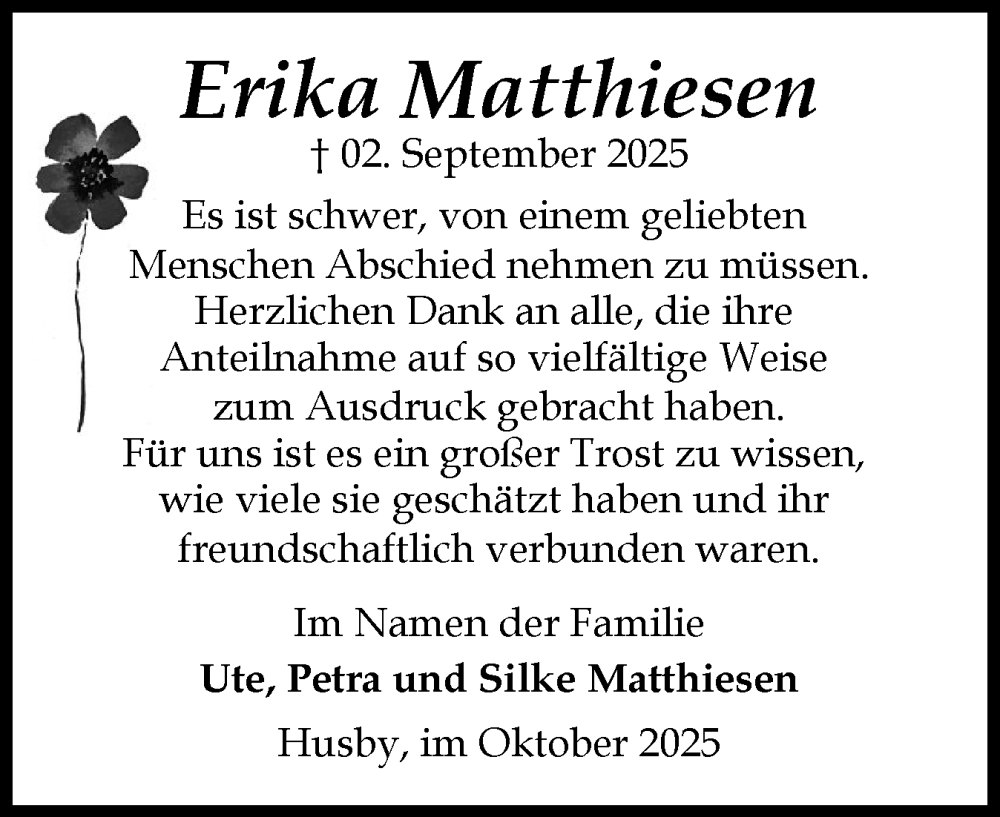  Traueranzeige für Erika Matthiesen vom 04.10.2025 aus Flensburger Tageblatt