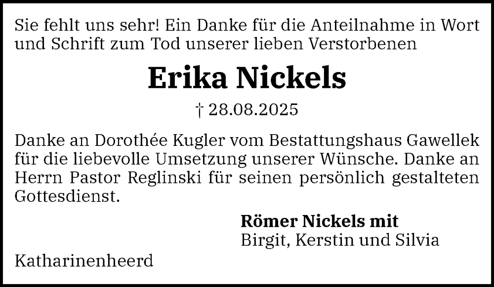 Traueranzeige für Erika Nickels vom 11.10.2025 aus Region Flensburg