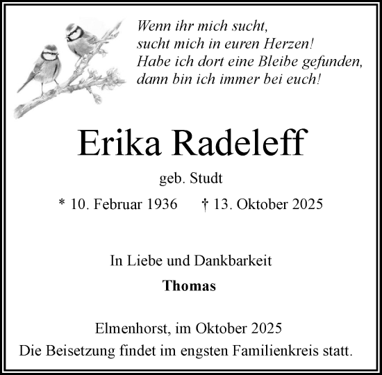 Traueranzeige von Erika Radeleff von MARKT Bad Oldesloe/Reinfeld, MARKT Ahrensburg/Bargteheide/Trittau und Stormarner Tageblatt