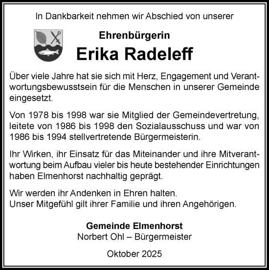 Traueranzeige von Erika Radeleff von MARKT Ahrensburg/Bargteheide/Trittau und Stormarner Tageblatt