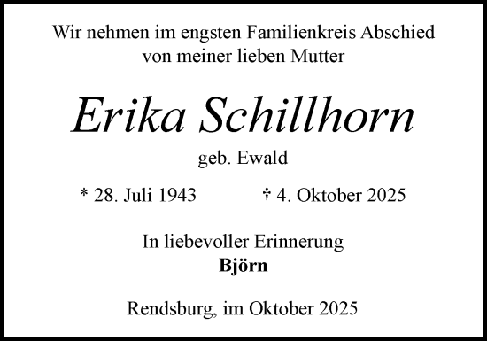 Traueranzeige von Erika Schillhorn von Schleswig-Holsteinische Landeszeitung