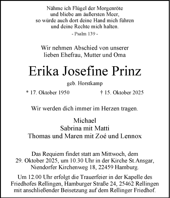 Traueranzeige von Erika Josefine Prinz von Region Pinneberg und tip Pinneberg