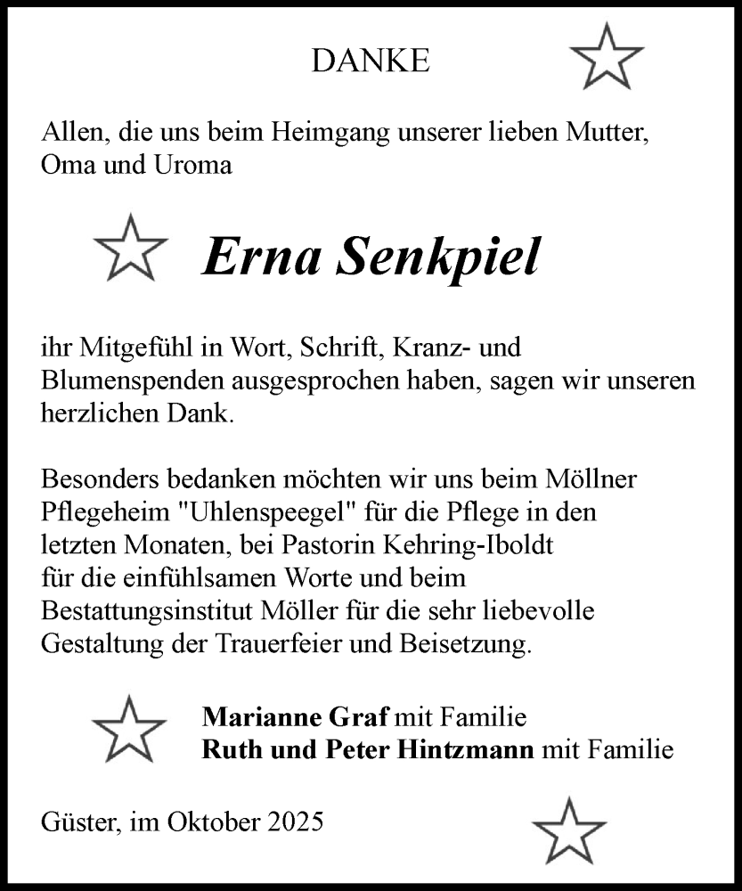  Traueranzeige für Erna Senkpiel vom 18.10.2025 aus MARKT Ratzeburg/Mölln