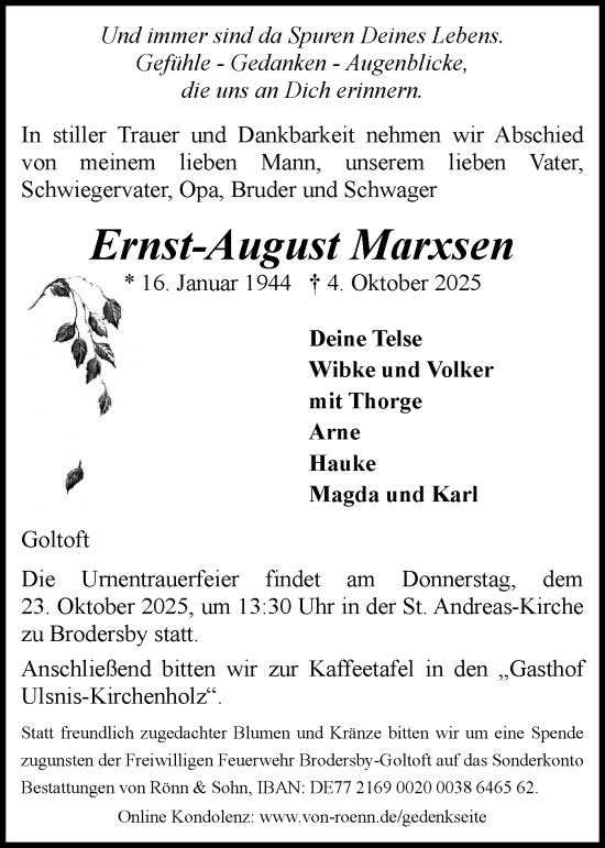 Traueranzeige von Ernst-August Marxsen von Schleswiger Nachrichten, Schlei-Bote