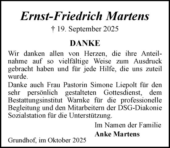 Traueranzeige von Ernst-Friedrich Martens von Flensburger Tageblatt