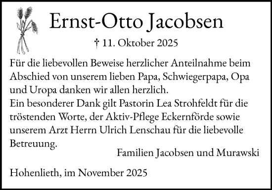 Traueranzeige von Ernst-Otto Jacobsen von Eckernförder Zeitung, Hallo Eckernförde