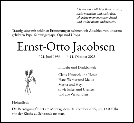 Traueranzeige von Ernst-Otto Jacobsen von Eckernförder Zeitung, Hallo Eckernförde