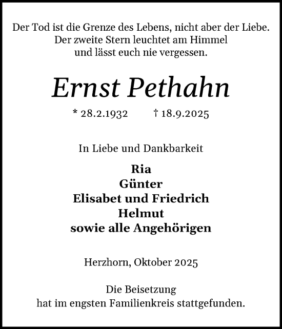 Traueranzeige von Ernst Pethahn von Region Steinburg-Elmshorn