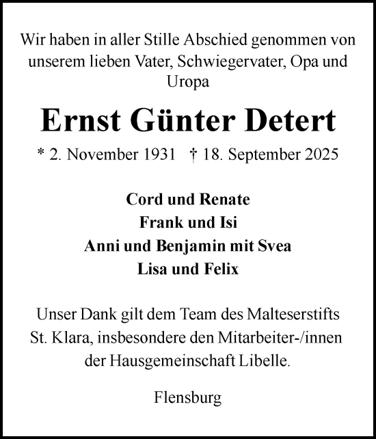 Traueranzeige von Ernst Günter Detert von Flensburger Tageblatt