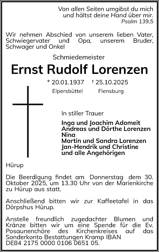 Traueranzeige von Ernst Rudolf Lorenzen von Flensburger Tageblatt