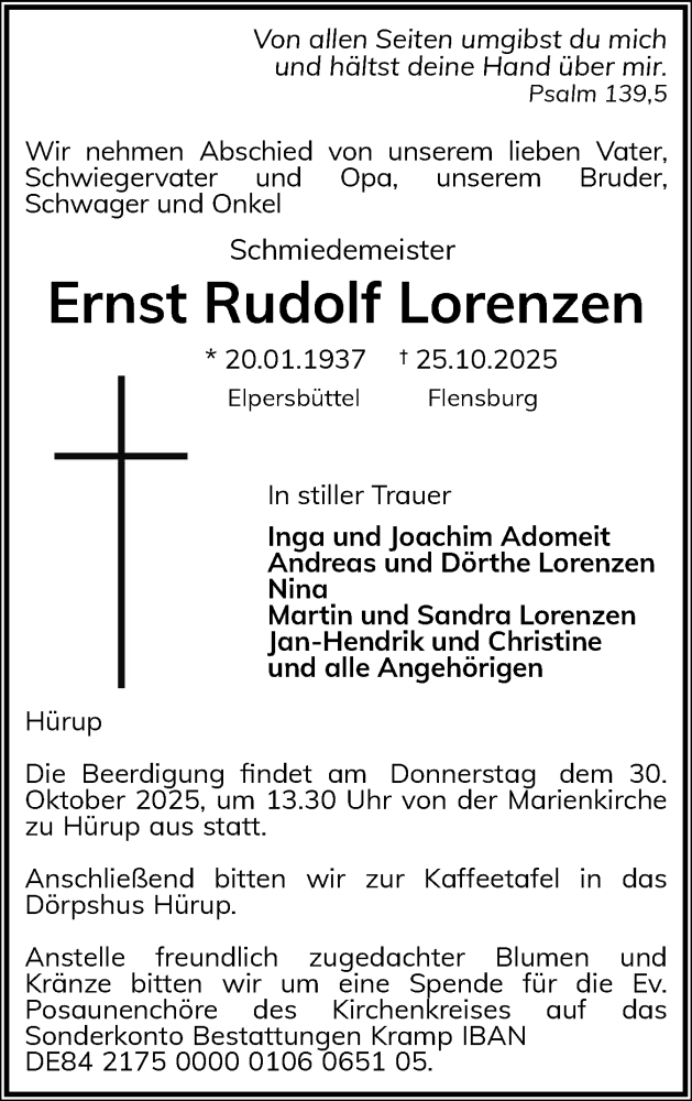  Traueranzeige für Ernst Rudolf Lorenzen vom 28.10.2025 aus Flensburger Tageblatt