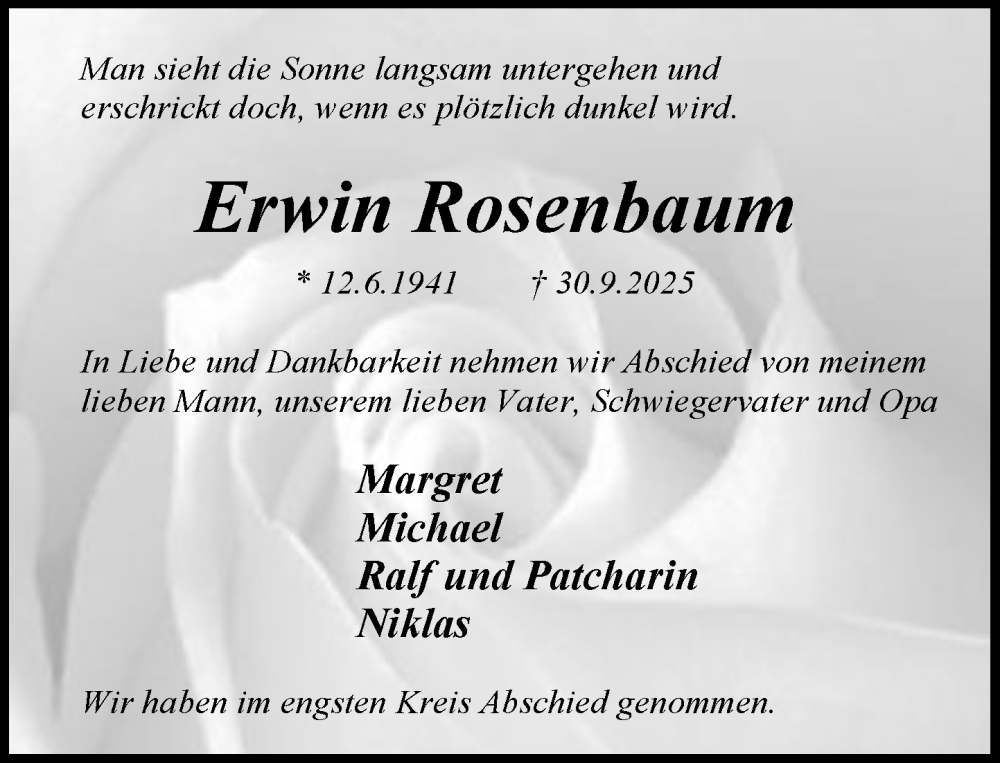  Traueranzeige für Erwin Rosenbaum vom 18.10.2025 aus MARKT Ratzeburg/Mölln