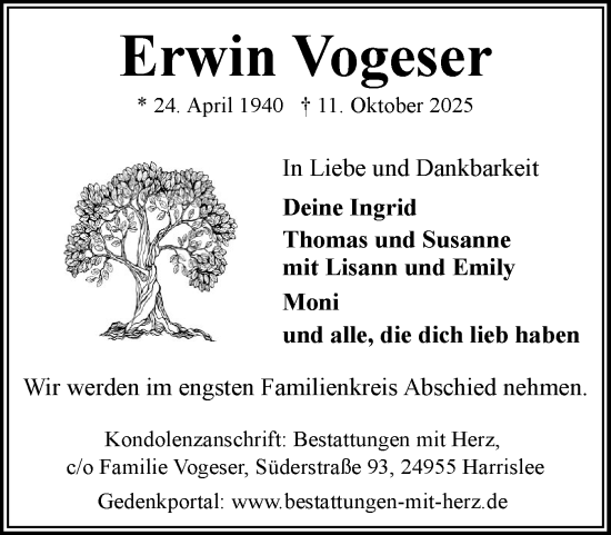 Traueranzeige von Erwin Vogeser von Flensburger Tageblatt