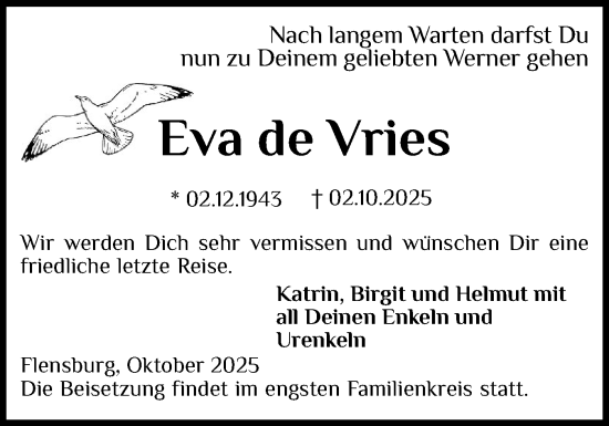 Traueranzeige von Eva de Vries von Flensburger Tageblatt