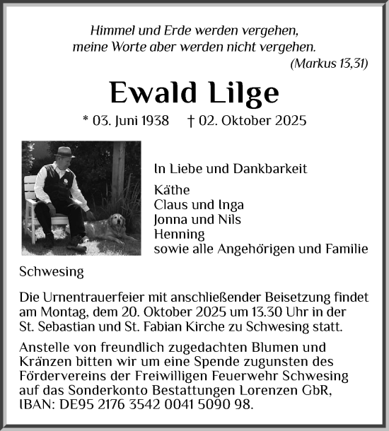 Traueranzeige von Ewald Lilge von Husumer Nachrichten, Nordfriesland Tageblatt