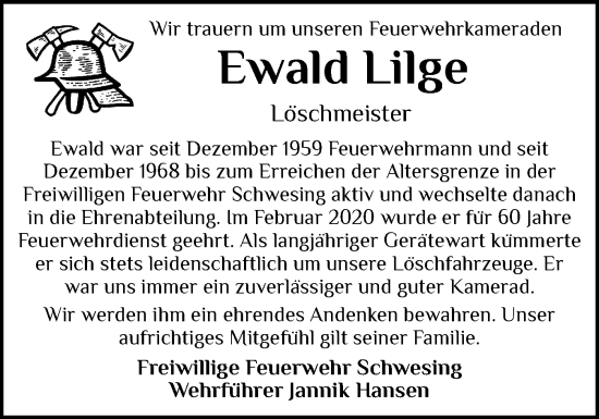 Traueranzeige von Ewald Lilge von Husumer Nachrichten, Nordfriesland Tageblatt