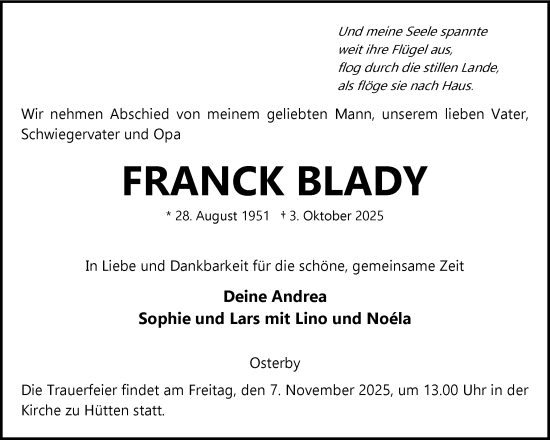 Traueranzeige von Franck Blady von Eckernförder Zeitung, Hallo Eckernförde