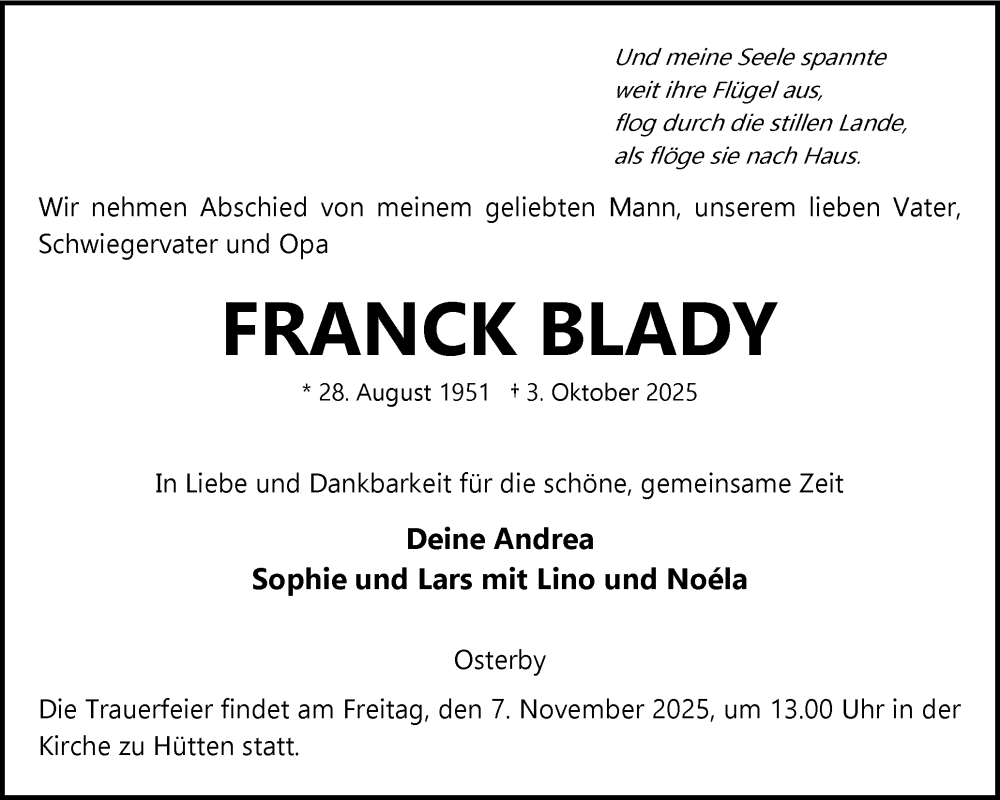  Traueranzeige für Franck Blady vom 01.11.2025 aus Eckernförder Zeitung, Hallo Eckernförde