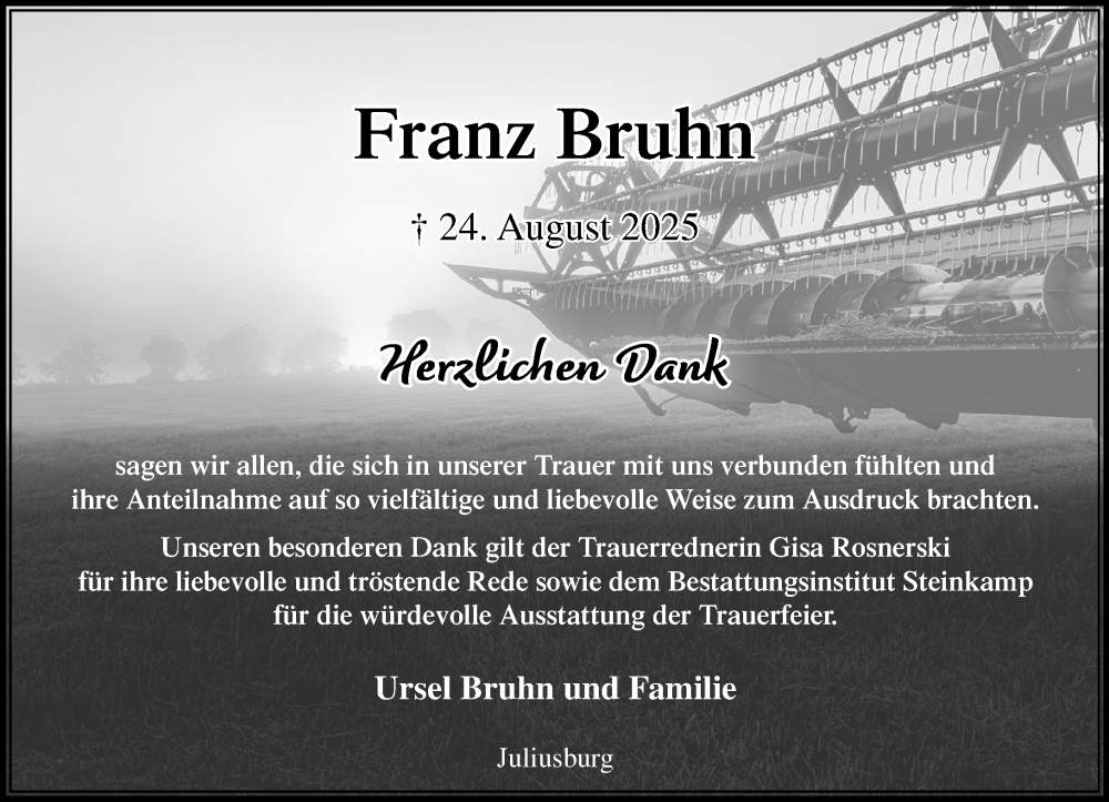  Traueranzeige für Franz Bruhn vom 04.10.2025 aus Wochenend Anzeiger