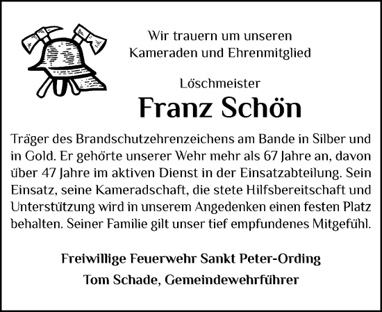 Traueranzeige von Franz Schön von Husumer Nachrichten, Nordfriesland Tageblatt