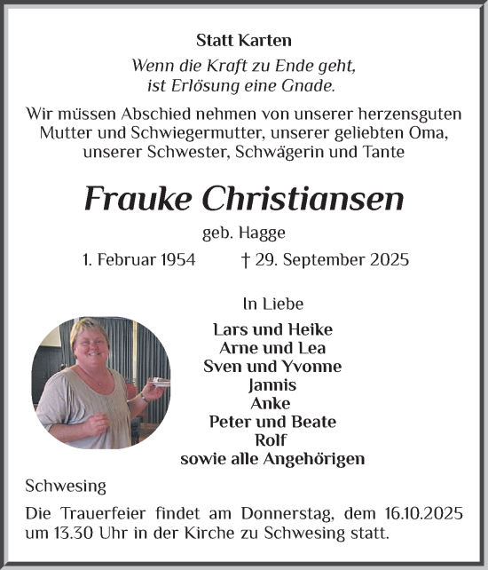 Traueranzeige von Frauke Christiansen von Husumer Nachrichten, Nordfriesland Tageblatt