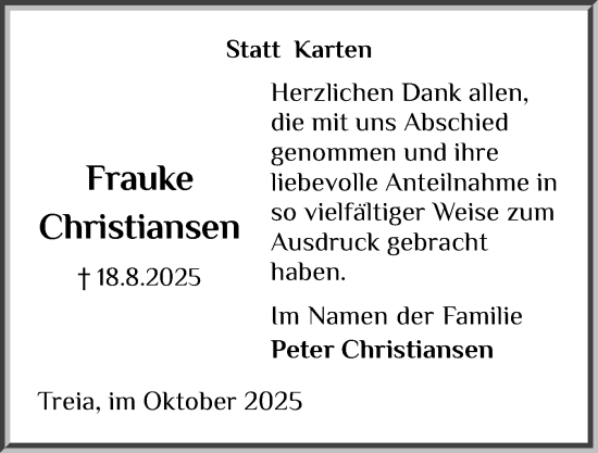 Traueranzeige von Frauke Christiansen von Schleswiger Nachrichten, Schlei-Bote