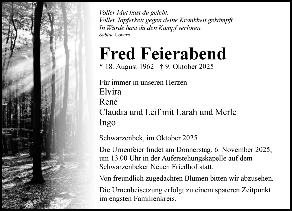  Traueranzeige für Fred Feierabend vom 18.10.2025 aus Wochenend Anzeiger