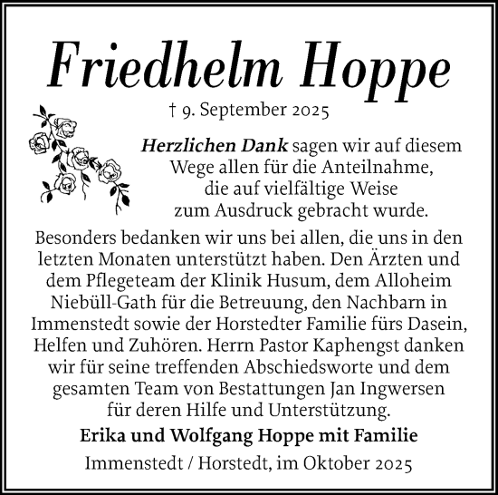 Traueranzeige von Friedhelm Hoppe von Husumer Nachrichten, Nordfriesland Tageblatt