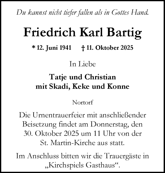 Traueranzeige von Friedrich Karl Bartig von Schleswig-Holsteinische Landeszeitung