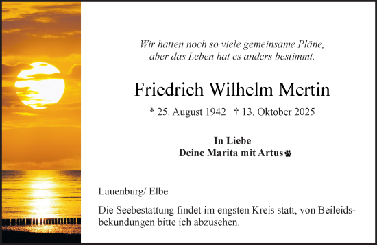 Traueranzeige von Friedrich Wilhelm Mertin von Wochenend Anzeiger