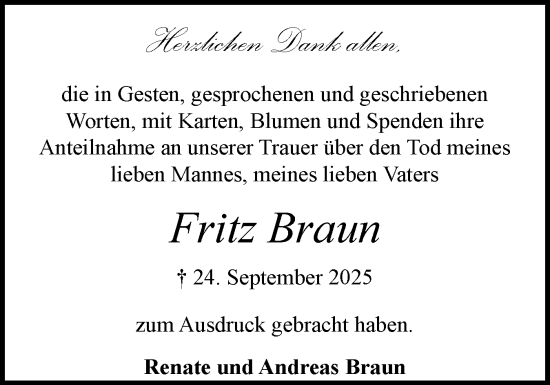 Traueranzeige von Fritz Braun von Schleswig-Holsteinische Landeszeitung