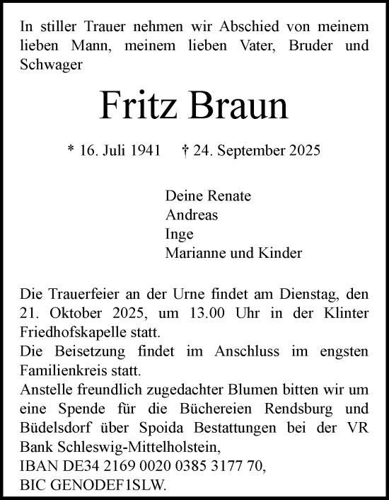 Traueranzeige von Fritz Braun von Schleswigholsteiner Zeitung Trauer