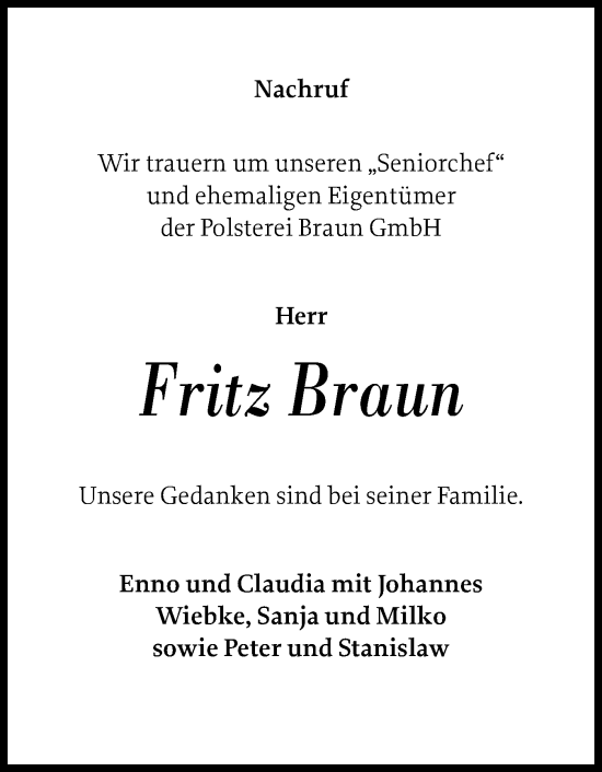 Traueranzeige von Fritz Braun von Schleswig-Holsteinische Landeszeitung