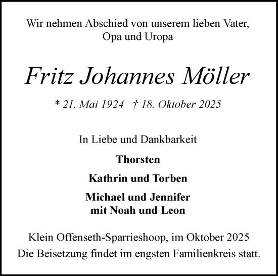 Traueranzeige von Fritz Johannes Möller von Elmshorner Nachrichten, Barmstedter Zeitung