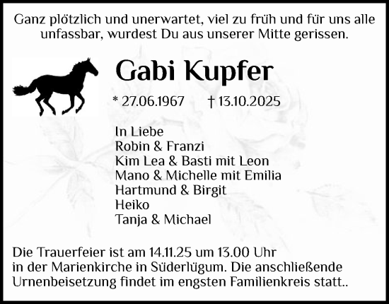 Traueranzeige von Gabi Kupfer von Husumer Nachrichten, Nordfriesland Tageblatt