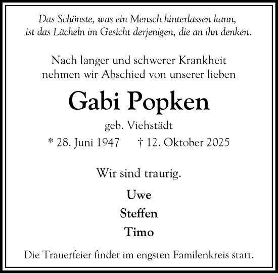 Traueranzeige von Gabi Popken von Heimatspiegel