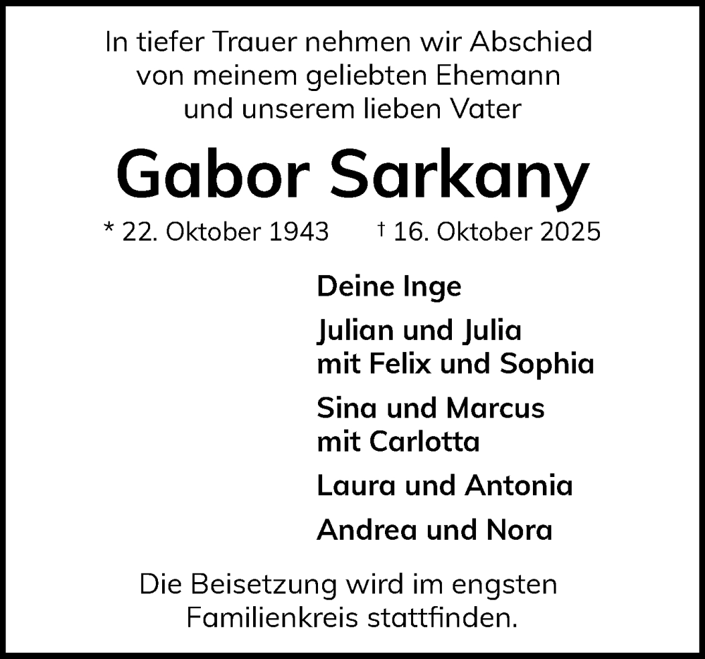  Traueranzeige für Gabor Sarkany vom 25.10.2025 aus Flensburger Tageblatt
