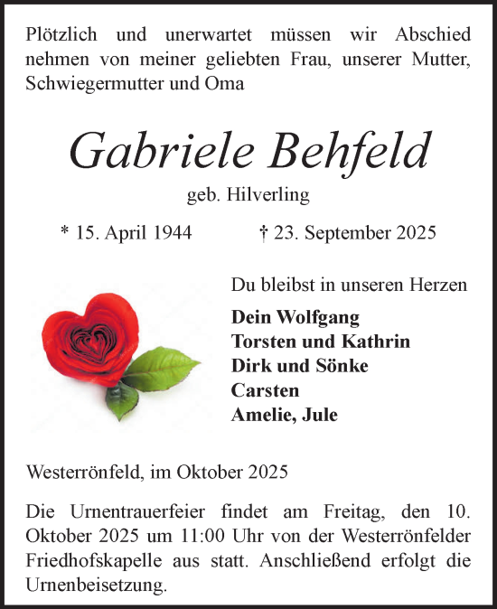 Traueranzeige von Gabriele Behfeld von Schleswig-Holsteinische Landeszeitung