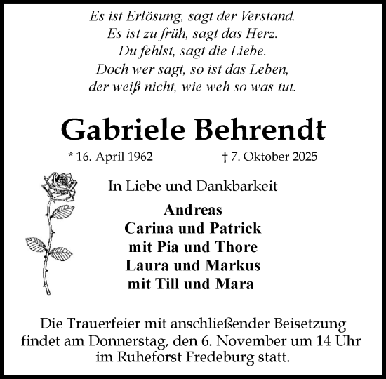 Traueranzeige von Gabriele Behrendt von MARKT Ratzeburg/Mölln