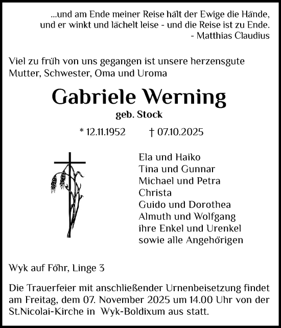 Traueranzeige von Gabriele Werning von Der Insel-Bote