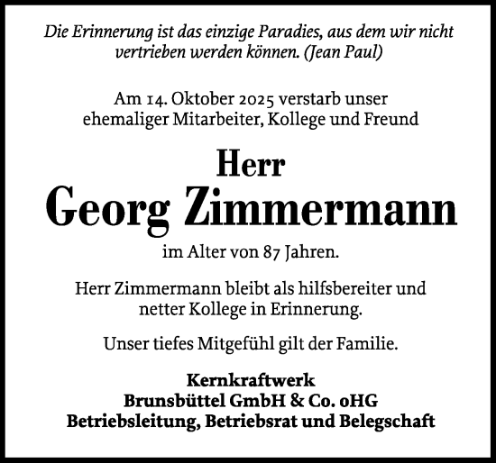 Traueranzeige von Georg Zimmermann von Norddeutsche Rundschau, Wilstersche Zeitung, Glückstädter Fortuna