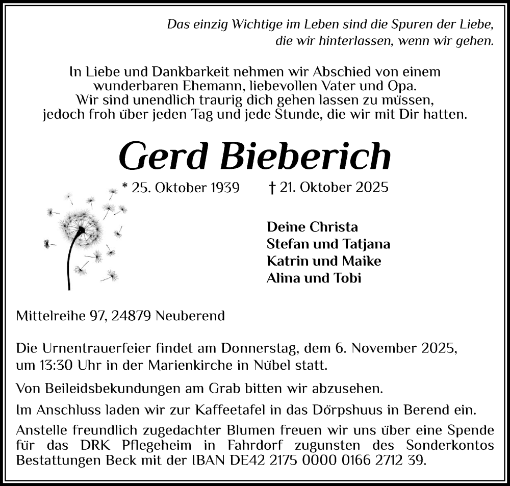  Traueranzeige für Gerd Bieberich vom 01.11.2025 aus Schleswiger Nachrichten, Schlei-Bote