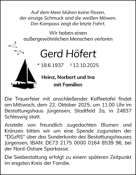 Traueranzeige von Gerd Höfert von Schleswiger Nachrichten, Schlei-Bote