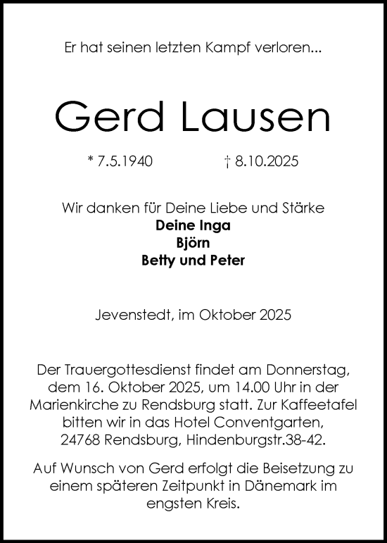 Traueranzeige von Gerd Lausen von Schleswig-Holsteinische Landeszeitung