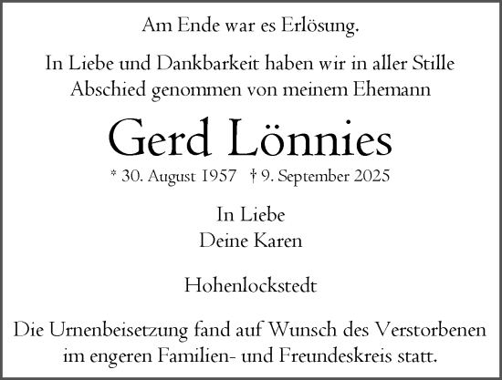 Traueranzeige von Gerd Lönnies von Norddeutsche Rundschau, Wilstersche Zeitung, Glückstädter Fortuna