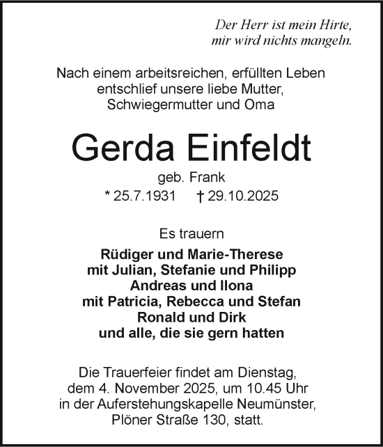 Traueranzeige von Gerda Einfeldt von Holsteinischer Courier