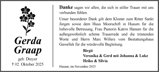 Traueranzeige von Gerda Gawellek von Husumer Nachrichten, Nordfriesland Tageblatt