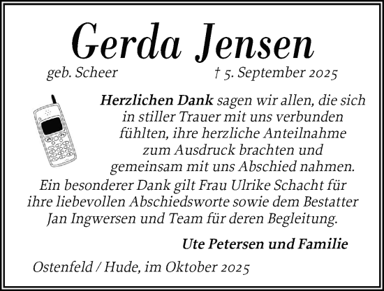 Traueranzeige von Gerda Jensen von Husumer Nachrichten, Nordfriesland Tageblatt
